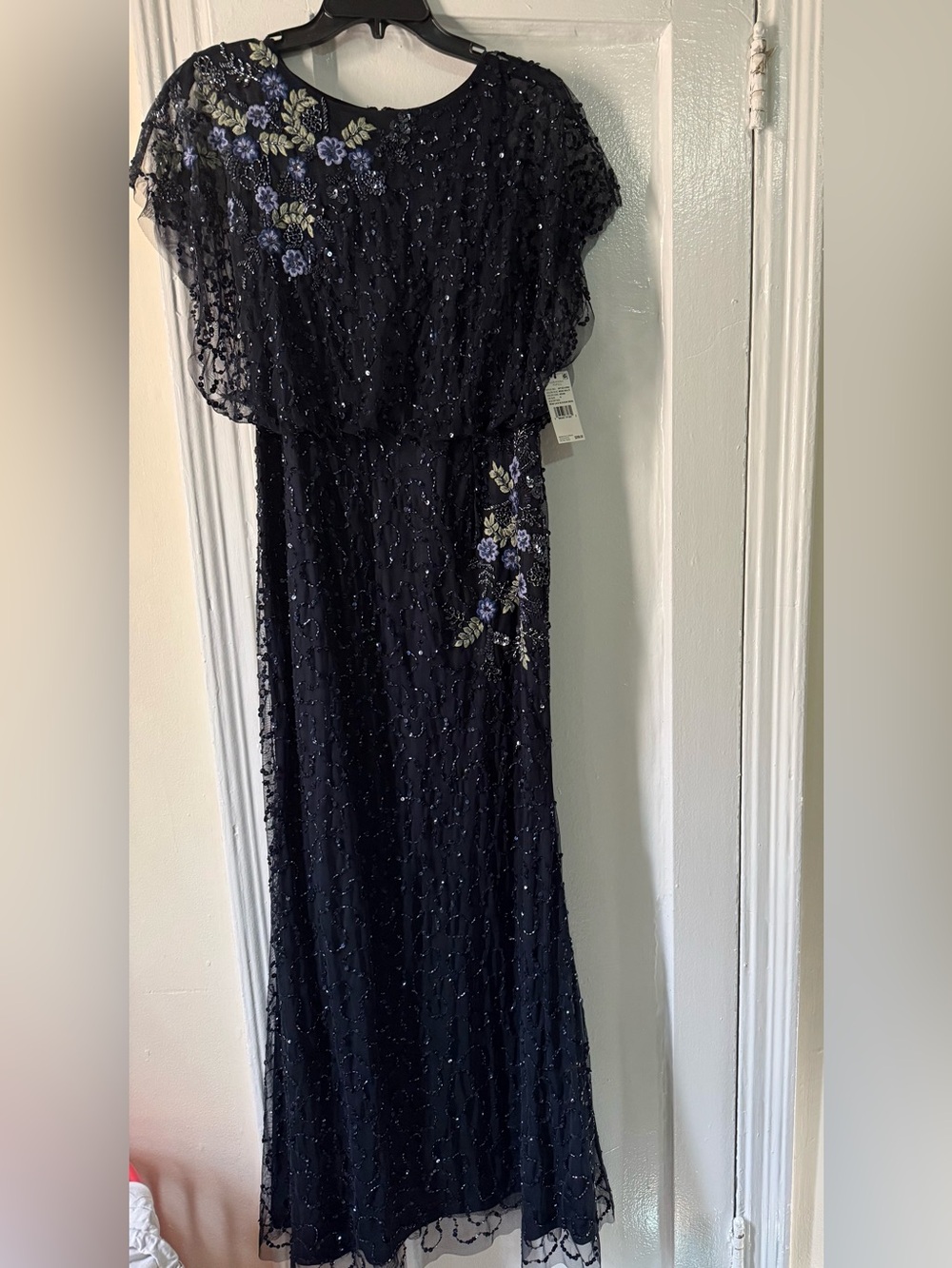 Adrianna Papell Navy Beaded Maxi Dress with Purple Floral Embroidery